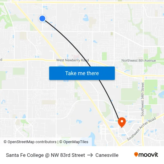 Santa Fe College @ NW 83rd Street to Canesville map