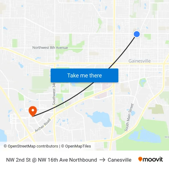 NW 2nd St @ NW 16th Ave Northbound to Canesville map