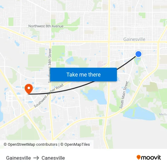 Gainesville to Canesville map