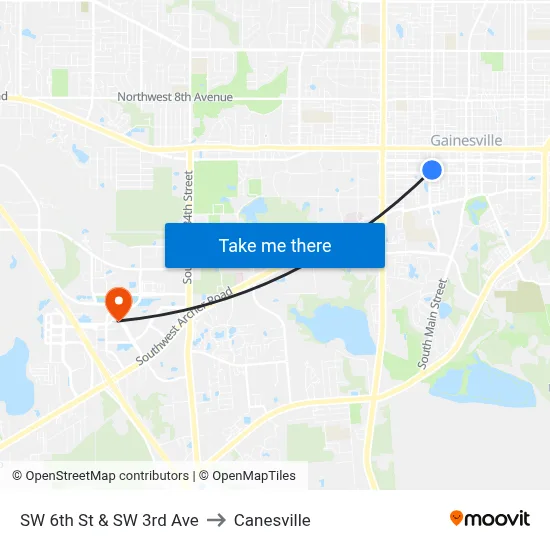 SW 6th St & SW 3rd Ave to Canesville map
