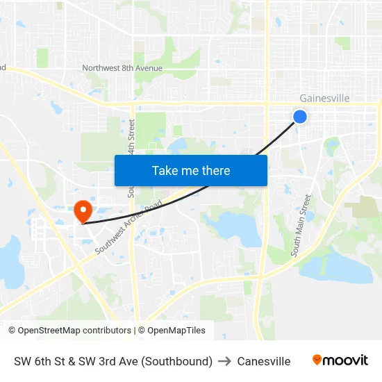 SW 6th St & SW 3rd Ave (Southbound) to Canesville map
