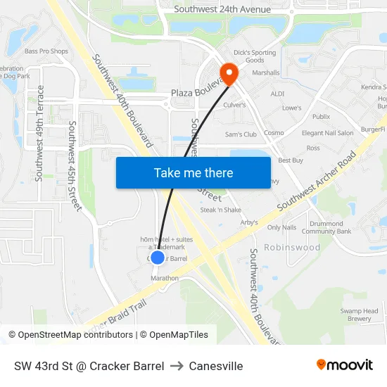 SW 43rd St @ Cracker Barrel to Canesville map