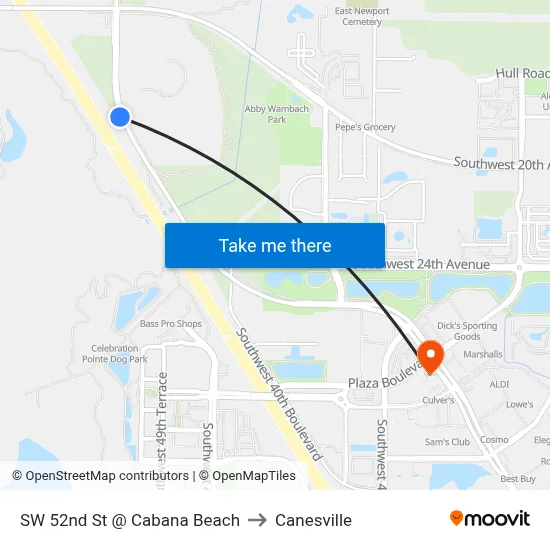 SW 52nd St @ Cabana Beach to Canesville map