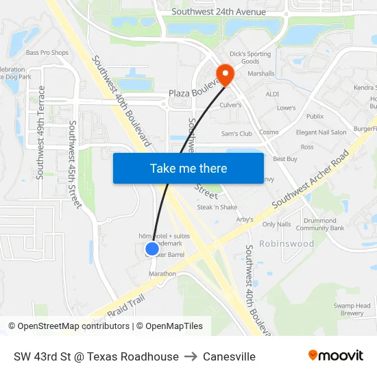 SW 43rd St @ Texas Roadhouse to Canesville map