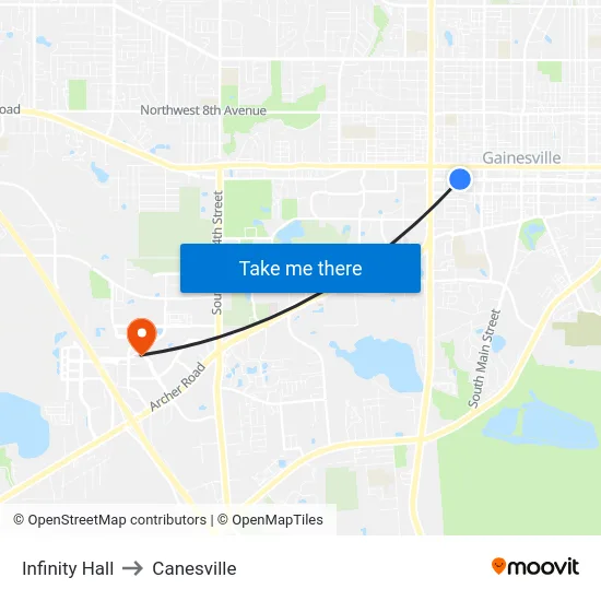 Infinity Hall to Canesville map