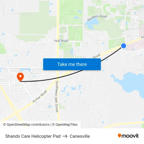 Shands Care Helicopter Pad to Canesville map