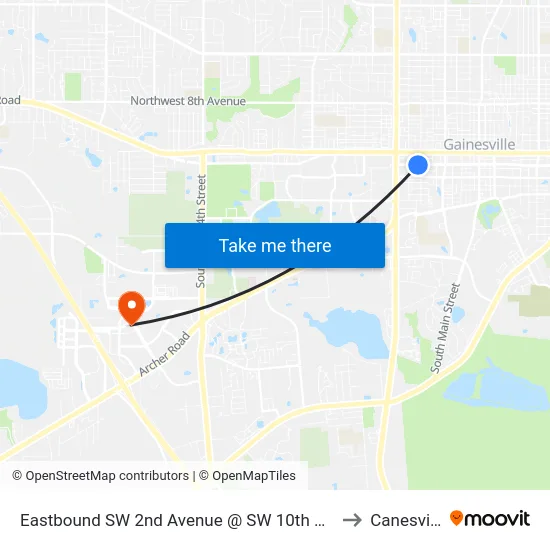 Eastbound SW 2nd Avenue @ SW 10th Street to Canesville map