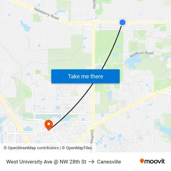 West University Ave @ NW 28th St to Canesville map