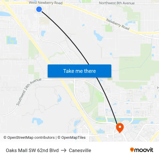 Oaks Mall SW 62nd Blvd to Canesville map