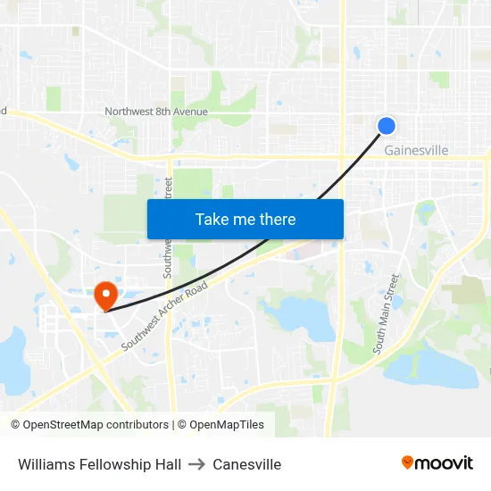 Williams Fellowship Hall to Canesville map