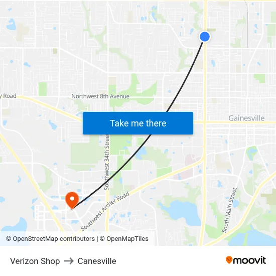 Verizon Shop to Canesville map