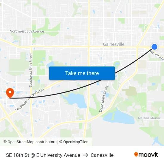 SE 18th St @ E University Avenue to Canesville map