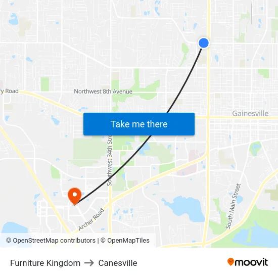 Furniture Kingdom to Canesville map
