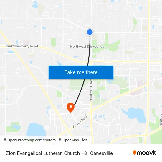 Zion Evangelical Lutheran Church to Canesville map