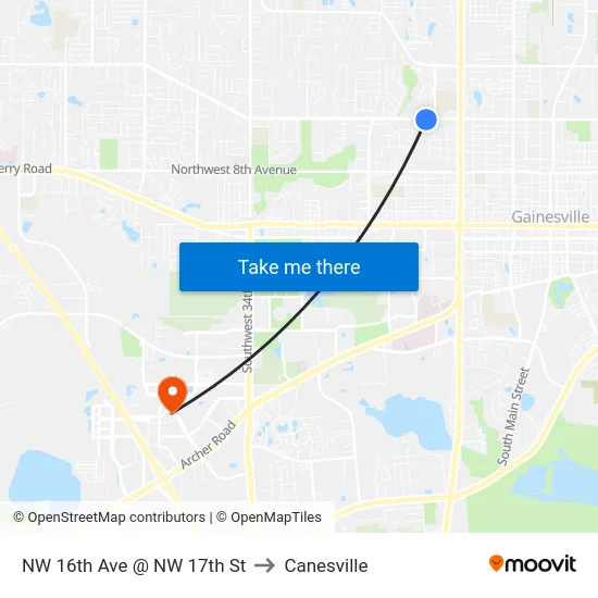 NW 16th Ave @ NW 17th St to Canesville map