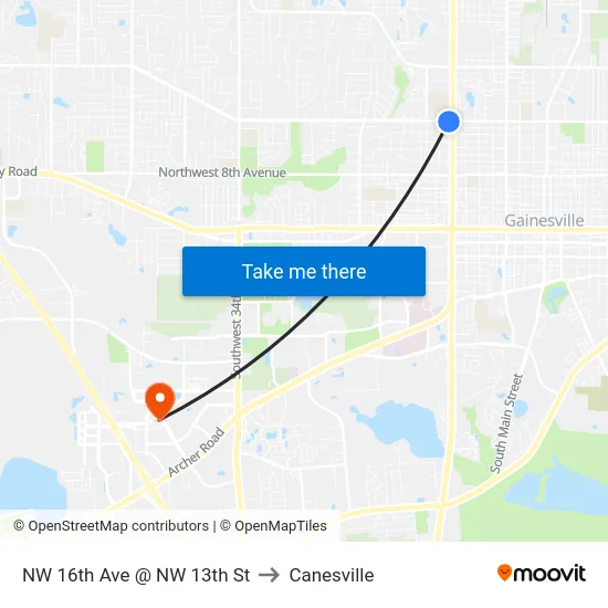 NW 16th Ave @ NW 13th St to Canesville map