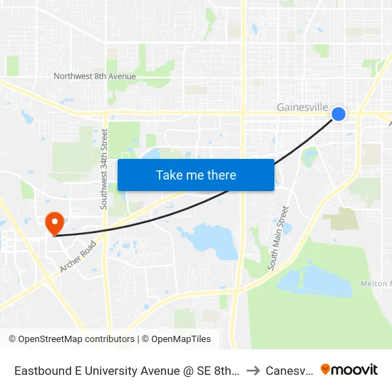 Eastbound E University Avenue @ SE 8th Street to Canesville map