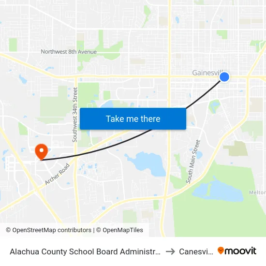Alachua County School Board Administration to Canesville map