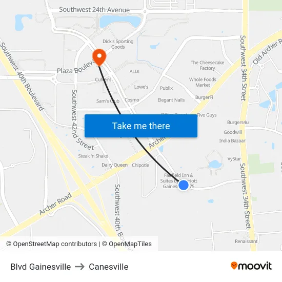 Blvd Gainesville to Canesville map