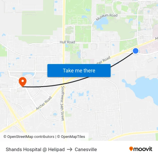 Shands Hospital @ Helipad to Canesville map