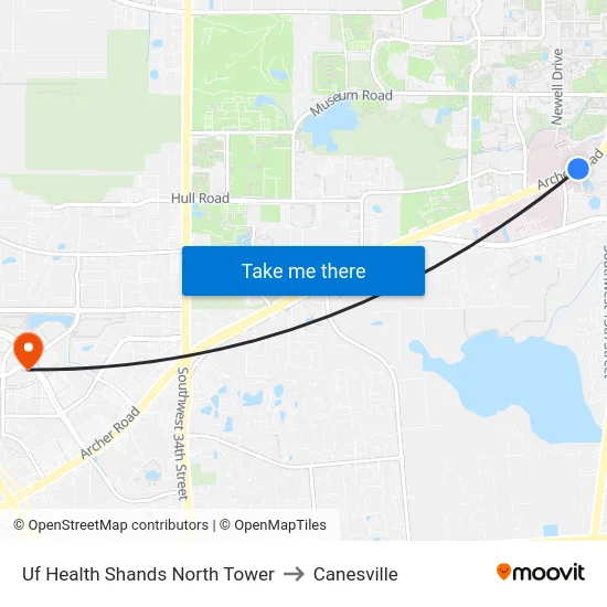 Uf Health Shands North Tower to Canesville map