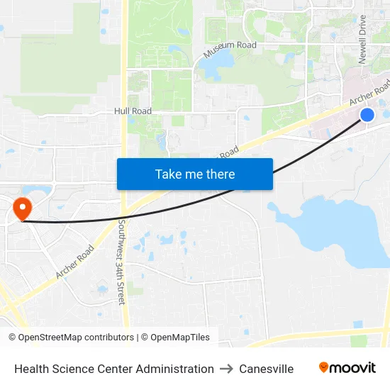 Health Science Center Administration to Canesville map