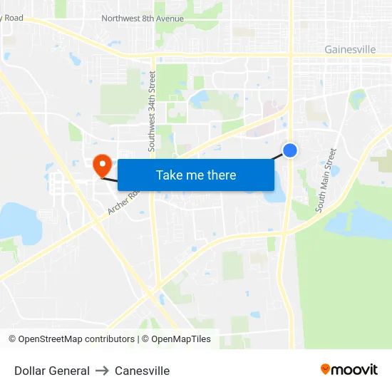 Dollar General to Canesville map