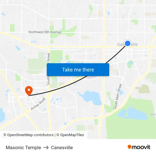 Masonic Temple to Canesville map