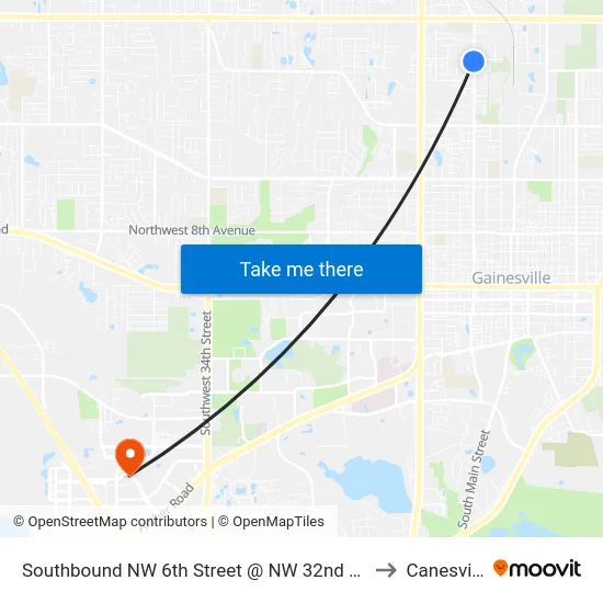 Southbound NW 6th Street @ NW 32nd Place to Canesville map
