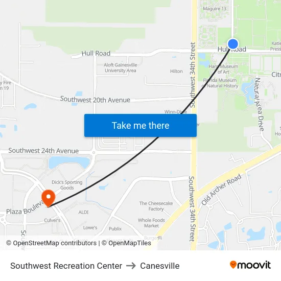 Southwest Recreation Center to Canesville map