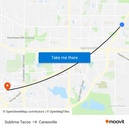 Sublime Tacos to Canesville map