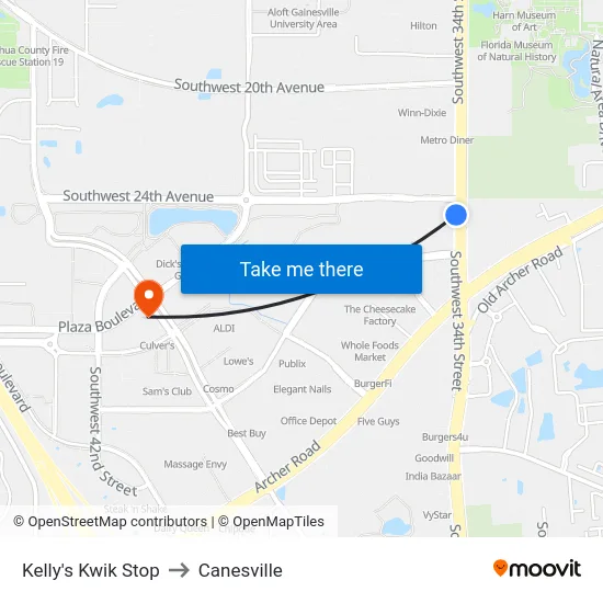 Kelly's Kwik Stop to Canesville map