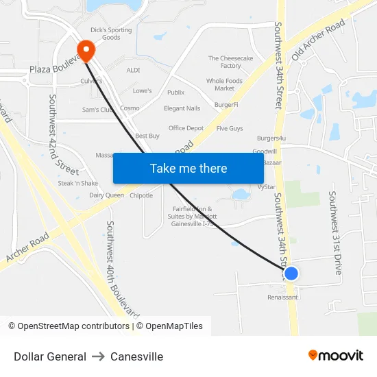 Dollar General to Canesville map