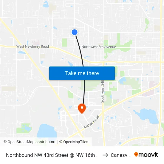 Northbound NW 43rd Street @ NW 16th Place to Canesville map