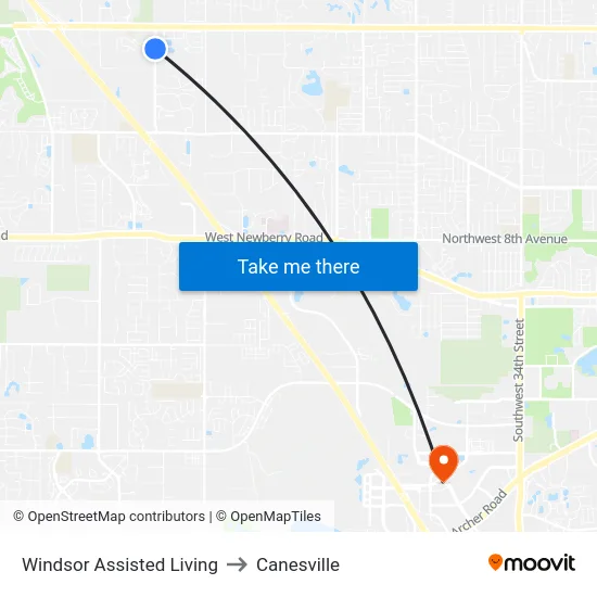 Windsor Assisted Living to Canesville map