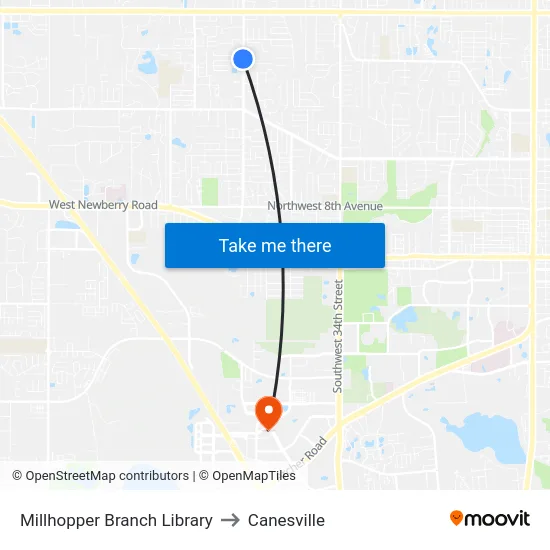 Millhopper Branch Library to Canesville map