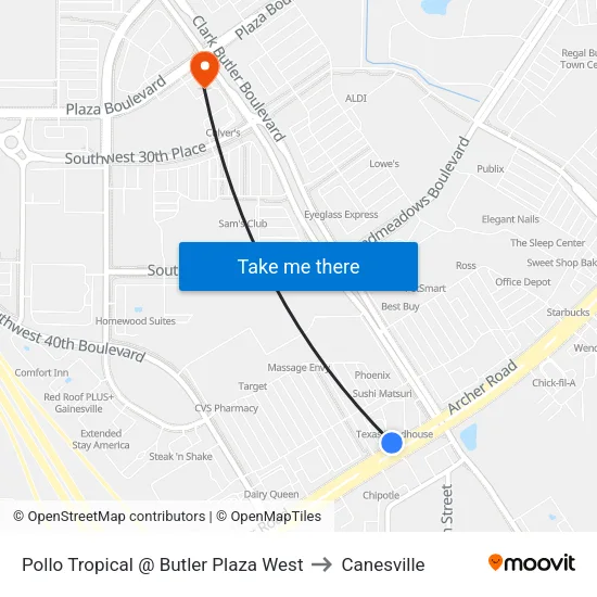 Pollo Tropical @ Butler Plaza West to Canesville map