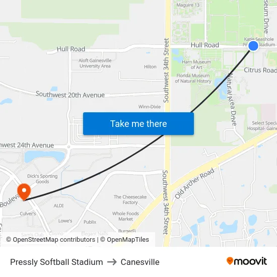 Pressly Softball Stadium to Canesville map