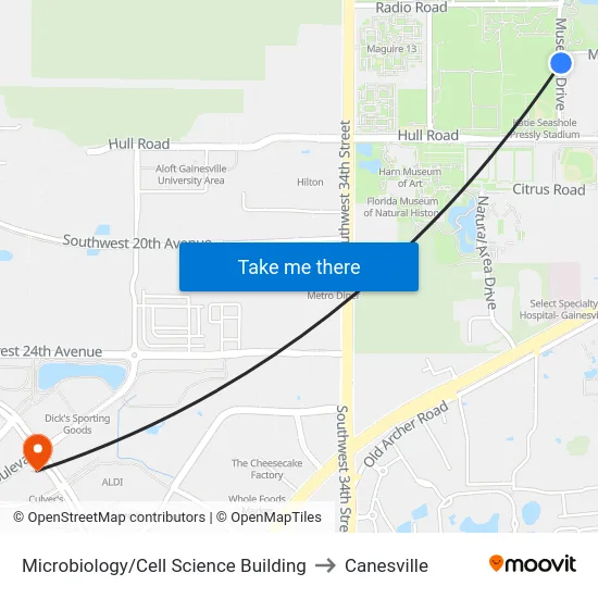 Microbiology/Cell Science Building to Canesville map