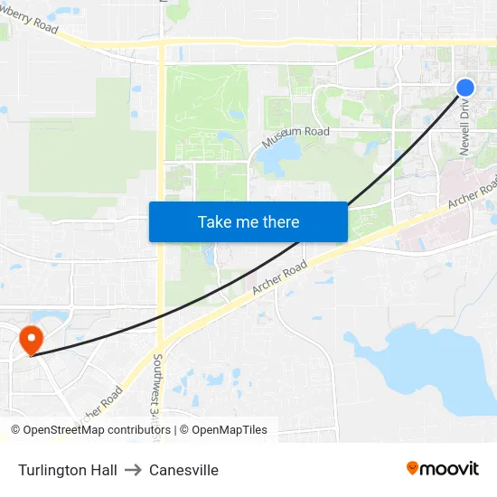Turlington Hall to Canesville map