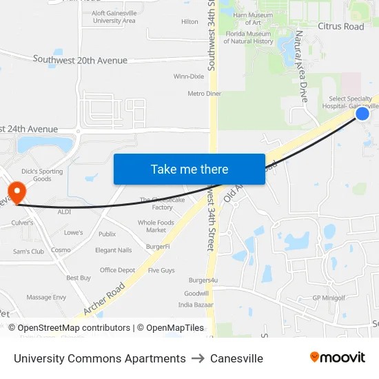 University Commons Apartments to Canesville map
