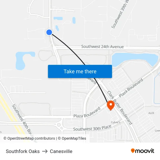 Southfork Oaks to Canesville map