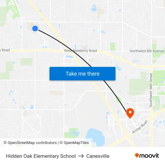 Hidden Oak Elementary School to Canesville map