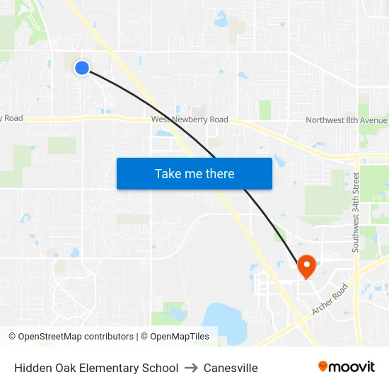 Hidden Oak Elementary School to Canesville map