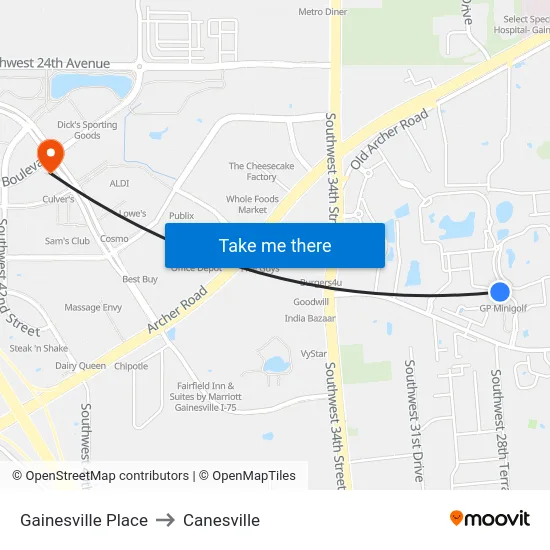 Gainesville Place to Canesville map