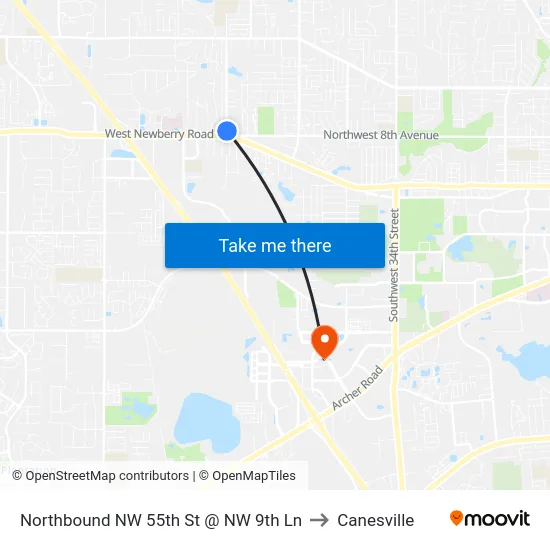 Northbound NW 55th St @ NW 9th Ln to Canesville map