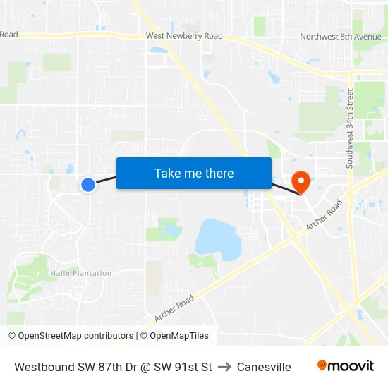 Westbound SW 87th Dr @ SW 91st St to Canesville map