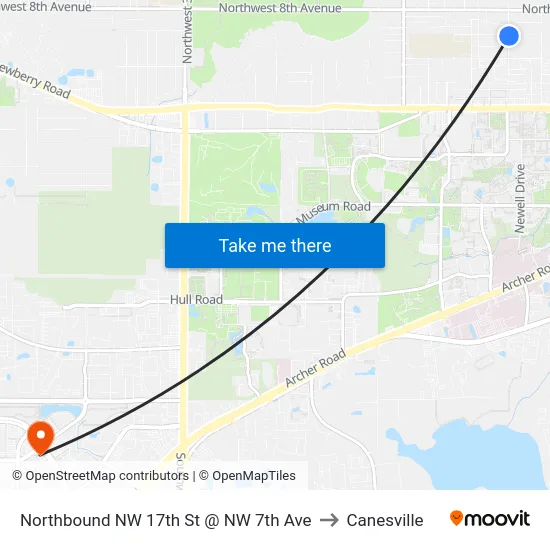 Northbound NW 17th St @ NW 7th Ave to Canesville map
