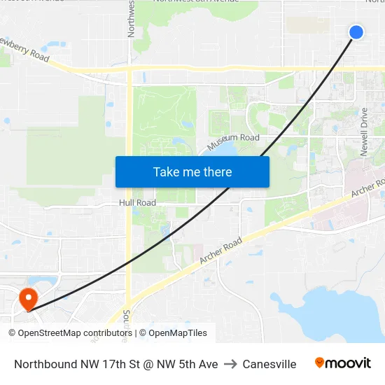 Northbound NW 17th St @ NW 5th Ave to Canesville map