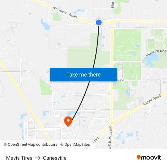 Mavis Tires to Canesville map